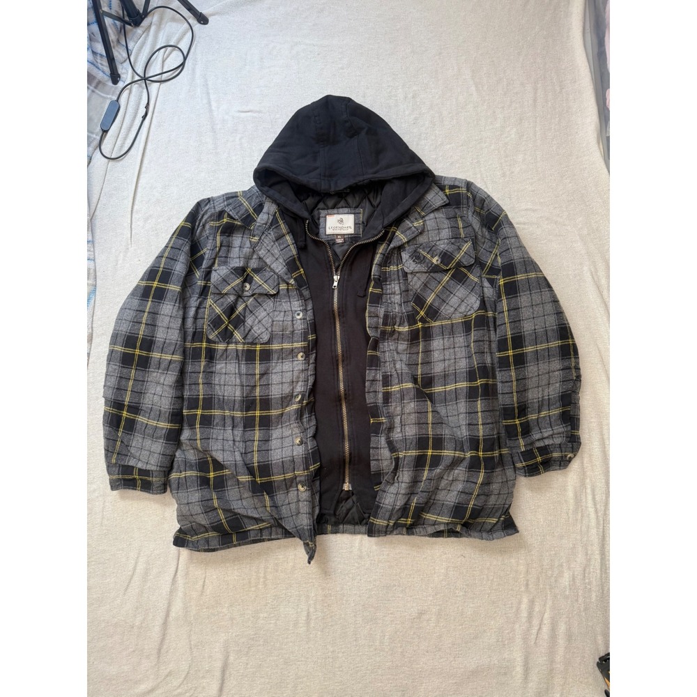 Legendary Whitetails Shirt Jacket Mens XL Gray Plaid Quilted Hooded Flannel